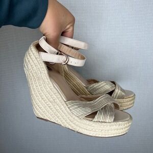 LOB Footwear Womens Espadrille Platform Wedge Sandals Cross Strap Gold Strappy‎